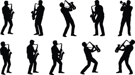 Jazz Band Players Performing with Saxophone and Trumpet in Various Poses, Flat Graphic Design for Poster or CAD Drawing © MDMOHOBBAT
