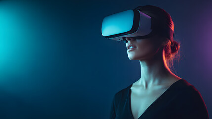 Female electronics consumer wearing virtual reality headset in neon light setting, exploring immersive digital technology and modern innovation