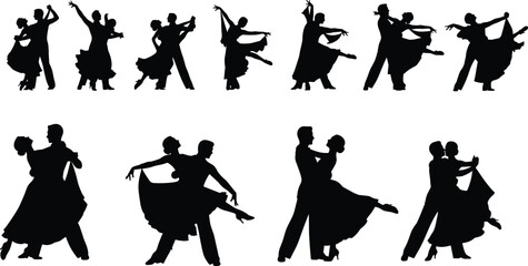 Large Set of Twelve Ballroom and Latin Dance Couple Silhouettes in Romantic, Elegant, and Energetic Poses, Detailed Vector Illustration Collection for Event Design.