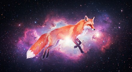Naklejka premium Celestial Fox: A vibrant fox elegantly navigates the cosmic expanse, a vivid tapestry of nebulae and stars serving as the backdrop for this surreal composition. 