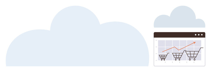 Cloud backdrop with an analytics dashboard showing an upward sales trend and shopping carts. Ideal for e-commerce, cloud computing, online sales, business growth, technology, analytics, innovation