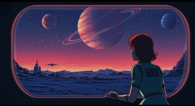 Vantage Point: The Future Horizon: A lone astronaut gazes out a viewport, contemplating the grandeur of an alien vista. A sense of wonder and solitude fills the scene.