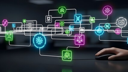 Abstract neon light process line infographic with glowing icons, bright softly-lit path, and celebration flare effects. Featuring a tech-modern design and minimalistic aesthetic.