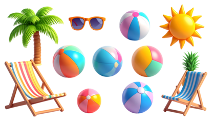 A collection of vibrant summer elements beach balls, sunglasses, palm tree, sun, and lounge chairs