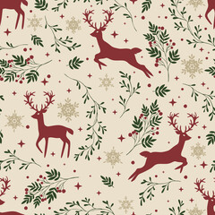Green seamless pattern with deers. Design for card, fabric, print, greeting, cloth, poster, clothes, textile.