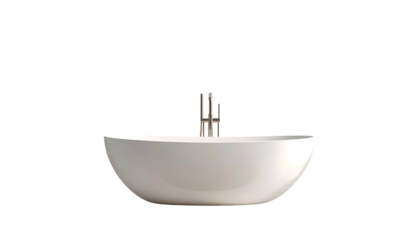 A pristine white, curved bathtub with metallic fixtures set against a stark black background, emphasizing minimalist design