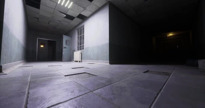 Dimly lit hallway in a run down building features cracked tiles and peeling paint. An open door hints at the mystery beyond, while shadows create a haunting vibe.