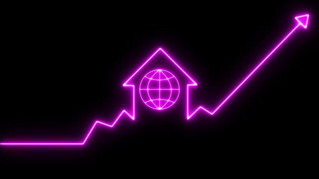 Home icon house sign neon lights animation with up arrow earth globe icon. Neon House, home building animation. Neon home business graph icon animation. Globe symbol icon animation World web icon.
