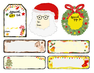 Cute set of watercolor crayon christmas xmas gift present name label tag sticker in kids doodle hand drawn illustration clipart