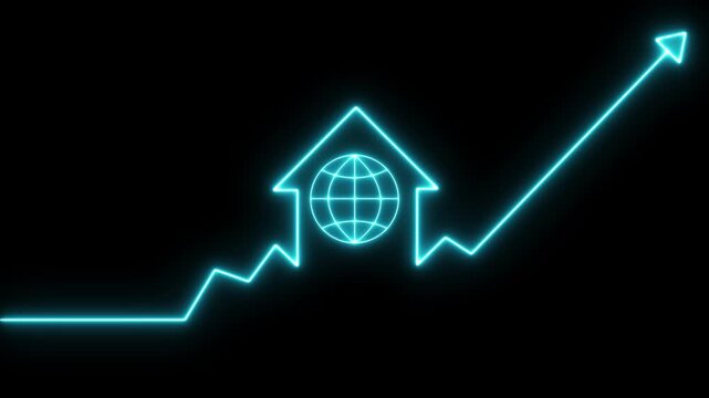 Home icon house sign neon lights animation with up arrow earth globe icon. Neon House, home building animation. Neon home business graph icon animation. Globe symbol icon animation World web icon.