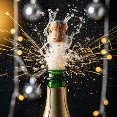Popping Champagne Bottle with Golden Bubbles, New Year&rsquo;s Eve Celebration 2026, Festive Party Concept