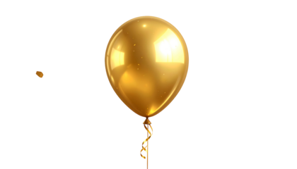A singular, lustrous gold-colored balloon floats against a stark black backdrop. Its surface reflects light, adding depth to the image