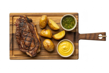 Grilled steak with roasted potatoes and two dipping sauces on a wooden board isolated on a transparent background