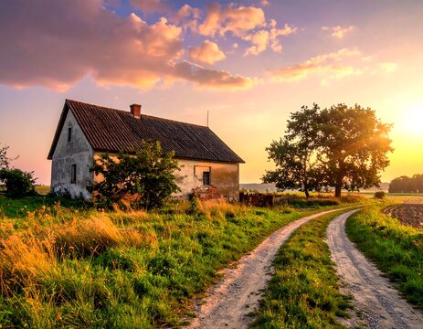 Sun-kissed farmhouse and winding path set against a golden sunset - Powered by Adobe