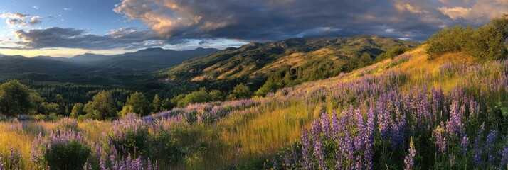 Panoramic vista of a mountain range at sunset with a foreground of blooming purple lupine flowers purple flowers
