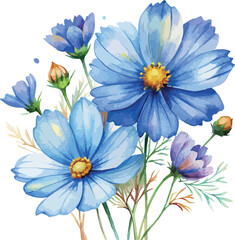 Obraz premium Elegant Blue Cosmos Floral Bloom Botanical Hand Painted Watercolor Vector Illustration