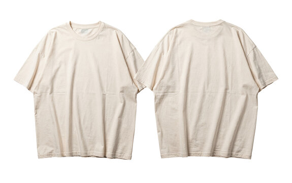 Blank Oversized Off-White T-Shirt Mockup Front and Back View, Plain Cream Boxy Fit Cotton Tee Template isolated on transparent background