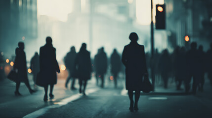 Silhouettes of people crossing a street in city environment, soft atmospheric blur, morning fog showing urban lifestyle anonymity and daily routine