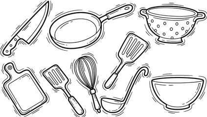 Monochrome seamless pattern of hand-drawn kitchen utensils and cookware. A vector illustration background with cooking tools, pots, pans, and whisks for culinary
