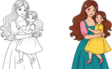 Vector Illustration of Mother Hugging Daughter with Black Outline Drawing for Coloring Page