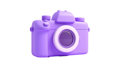 A 3D rendered, simplified purple camera icon against a black background. Front-facing with a large lens and a simple design