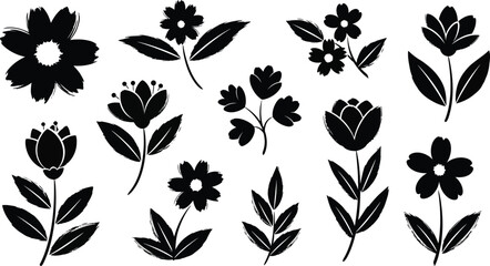 Grunge trendy doodle flowers leaves set. Hand drawn brush flowers crayon, chalk texture. Flowers textured collection