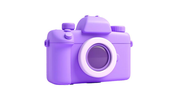 A 3D rendered, simplified purple camera icon against a black background. Front-facing with a large lens and a simple design