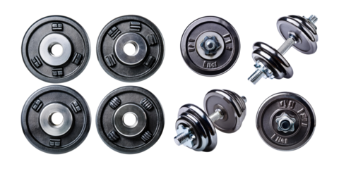 Black Dumbbells with Chrome Accents on Transparent Background