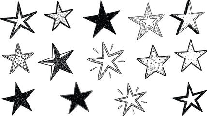 Collection of shooting star and static star icons in black and white, featuring various designs with trails and outlines, perfect for graphic design elements