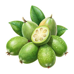 Fresh feijoa fruit pile with green leaves, one fruit cut, healthy eating