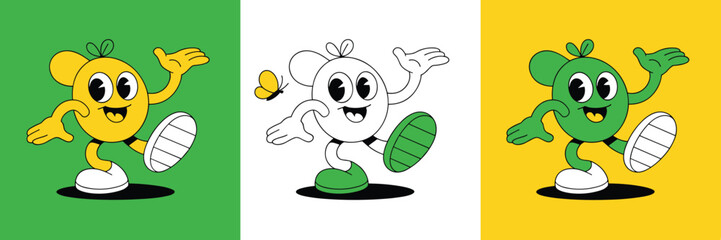Cartoon Character in Three Styles Yellow Green Outline and White on Colored Backgrounds Keywords: cartoon, character, retro, vintage, animation