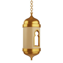 Islamic lantern with gold accents and arched window detail hanging from a chain isolated on a transparent background