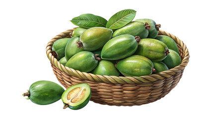 Basket full of fresh green feijoa fruits, with leaves and a cut fruit