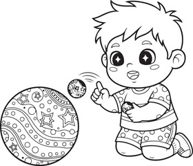 Adorable cartoon boy playing with a large decorated ball and a smaller ball in a whimsical illustration, Generative Ai