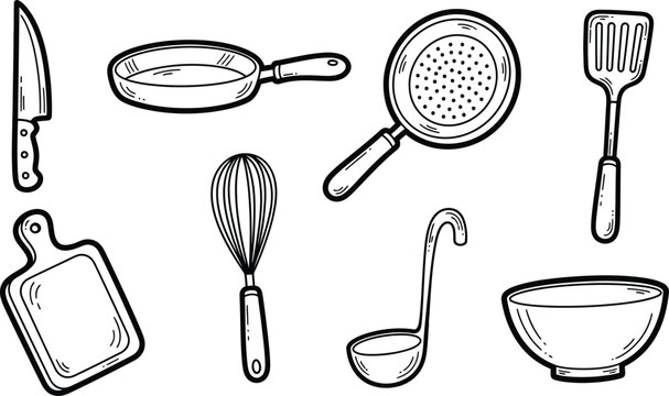 Monochrome seamless pattern of hand-drawn kitchen utensils and cookware. A vector illustration background with cooking tools, pots, pans, and whisks for culinary