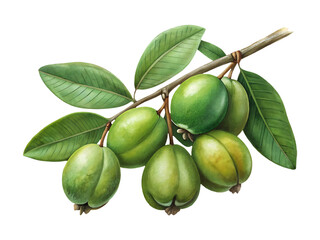 Lush green tropical fruits, possibly guavas, on a leafy branch art.