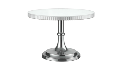 A 3D render of a single-tiered, elegant white cake stand with a fluted edge and a shiny, metallic base and support