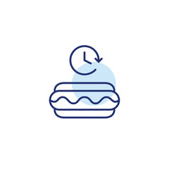 Hot dog in a bun and clock. Food scheduled delivery and meal pick-up on time. Pixel perfect, editable stroke vector icon