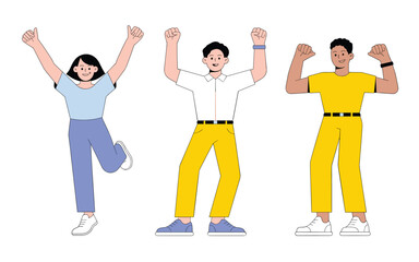 Three People Celebrating with Arms Raised in Yellow and Blue Outfits