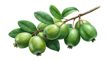 Fresh feijoa fruits with vibrant green leaves on a branch, isolated
