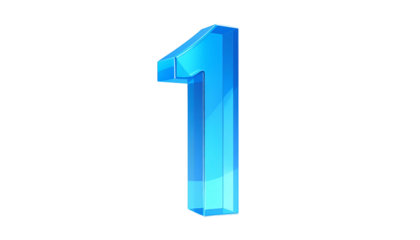 A 3D rendered, luminous, glassy numeral one stands against a solid black backdrop, showcasing a gradient from light to darker shades of blue