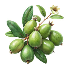 Feijoa fruits on branch with green leaves and flower, tropical fruit