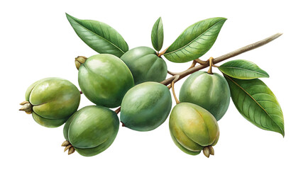 Fresh green feijoa fruits with foliage on branch, healthy organic food