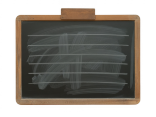Old wooden framed chalkboard with horizontal chalk lines and smudges isolated on a transparent background