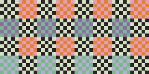 Retro Geometric Pattern with Pastel and Orange Squares and Black Checkers Keywords: geometric pattern, retro, pastel, orange, pink, green, purple