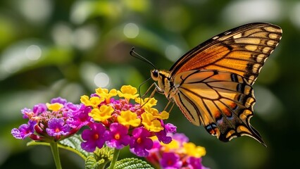 Obraz premium Beautiful Orange Butterfly Resting on Colorful Lantana Flowers in Sunlight.