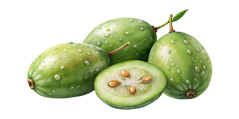 Lush green feijoa fruits, one sliced open, with fresh water droplets