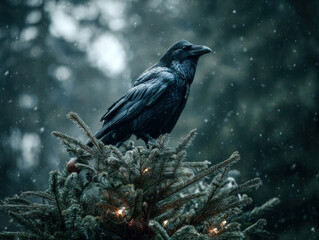 Raven perches on Christmas tree in dark snowy forest, challenging traditional holiday themes