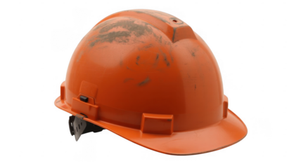 Orange construction hard hat with dirt and scuffs isolated on a transparent background 1