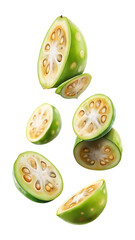 Fresh sliced feijoa fruit pieces falling, vibrant healthy superfood